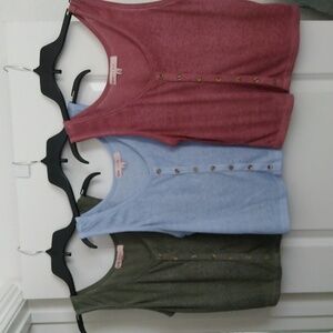 Three Crave Fame tank tops - olive green, light blue, and red. Size XL (juniors)